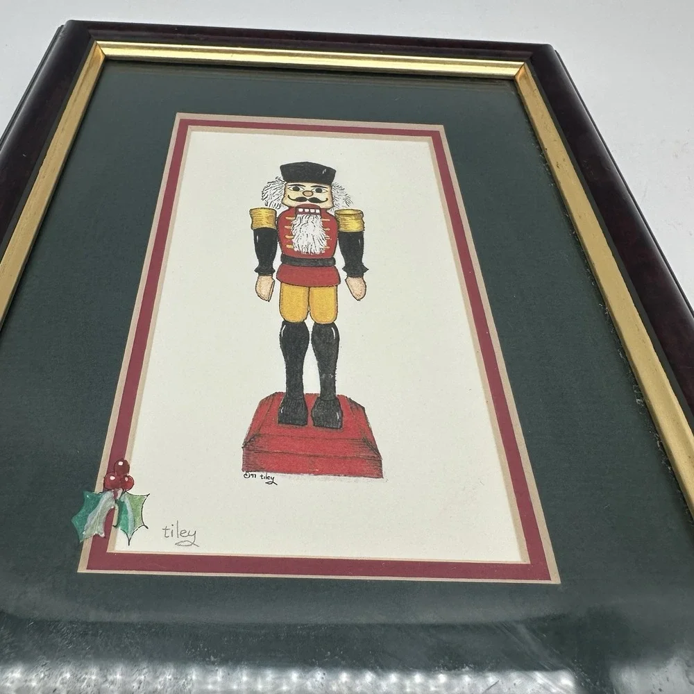 Vintage Framed Christmas Nutcracker Artwork Tiley designs Hand painted 8x6